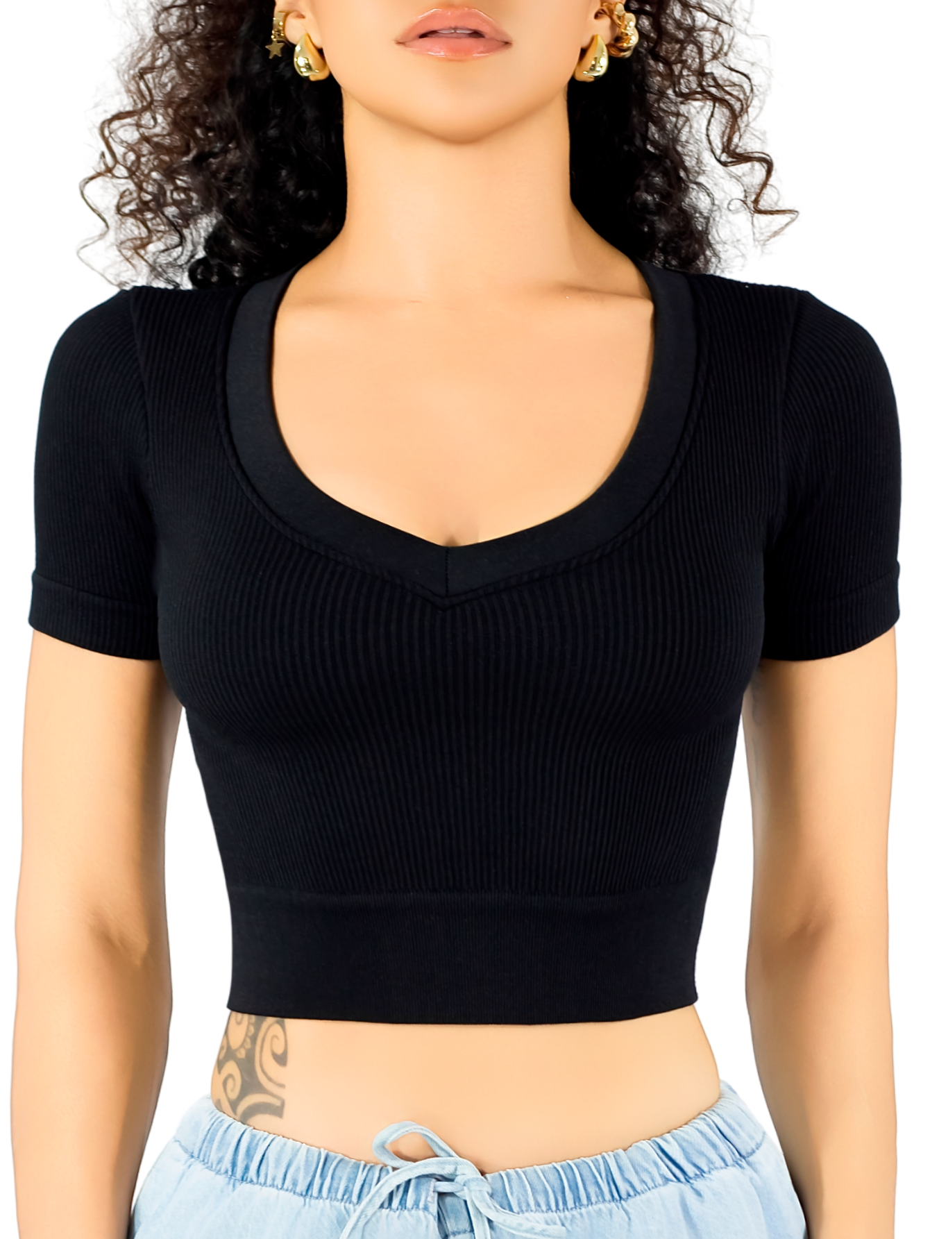 Foto 2 pulgar | Playera Mujer Casual Crop Top Stretch Bl-1031 Negro Cómoda Blusa Corta