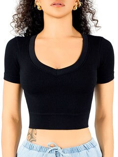 Foto 1 | Playera Mujer Casual Crop Top Stretch Bl-1031 Negro Cómoda Blusa Corta
