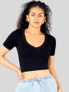 Foto 4 | Playera Mujer Casual Crop Top Stretch Bl-1031 Negro Cómoda Blusa Corta
