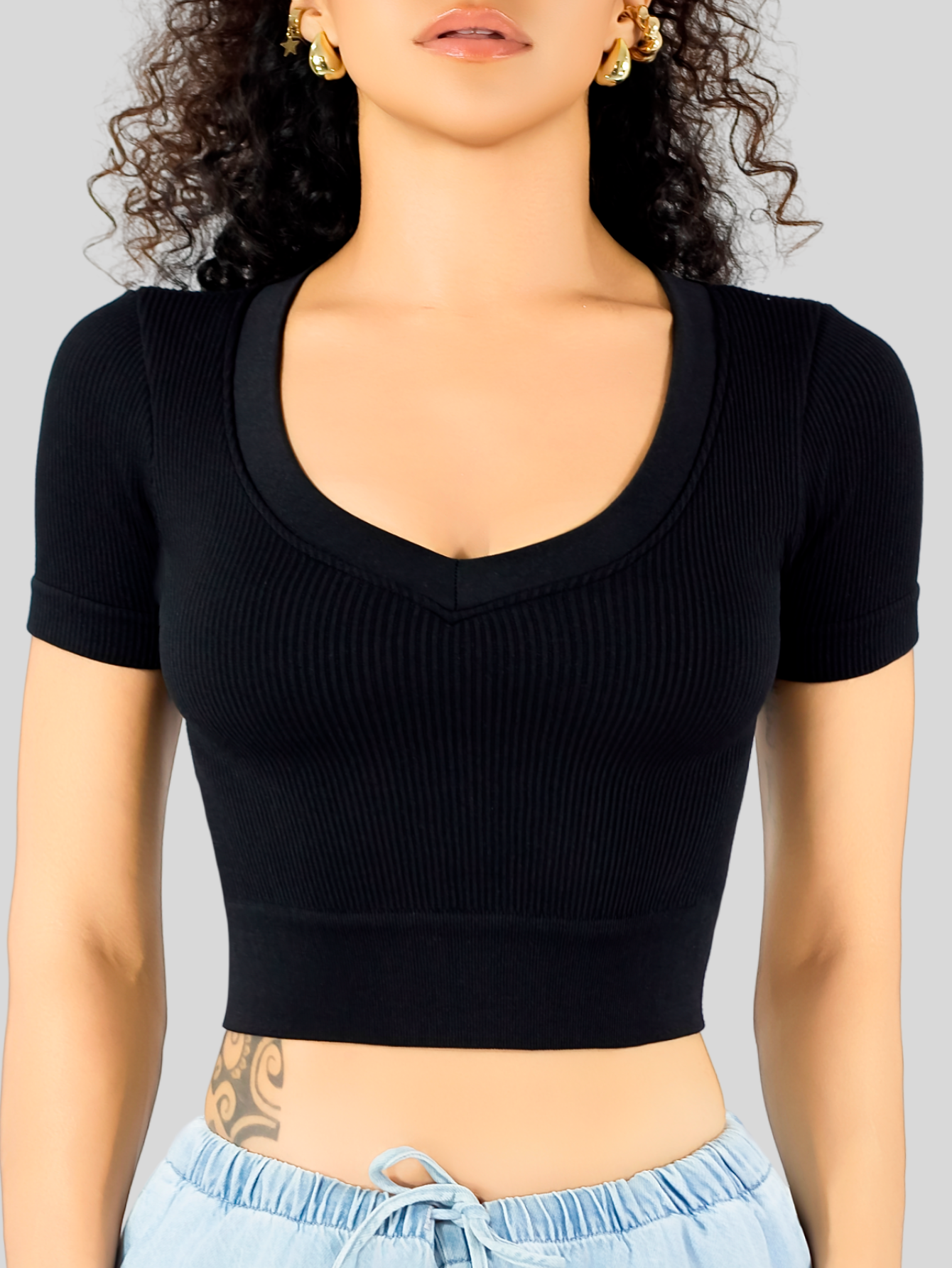 Foto 6 | Playera Mujer Casual Crop Top Stretch Bl-1031 Negro Cómoda Blusa Corta