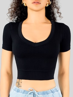 Foto 6 | Playera Mujer Casual Crop Top Stretch Bl-1031 Negro Cómoda Blusa Corta