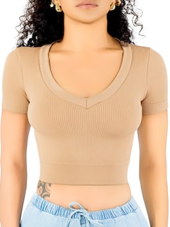 Foto 1 | Playera Mujer Casual Crop Top Stretch Bl-1031 Cafe Claro Cómoda Blusa Corta