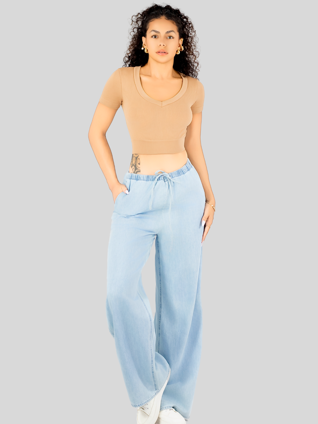 Foto 3 pulgar | Playera Mujer Casual Crop Top Stretch Bl-1031 Cafe Claro Cómoda Blusa Corta