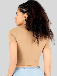 Foto 3 | Playera Mujer Casual Crop Top Stretch Bl-1031 Cafe Claro Cómoda Blusa Corta