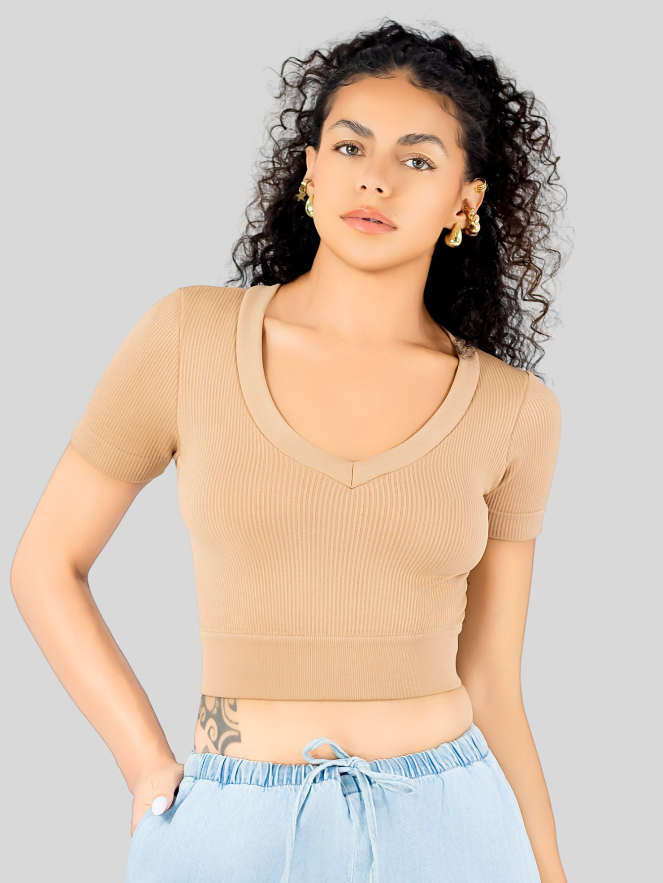 Foto 5 pulgar | Playera Mujer Casual Crop Top Stretch Bl-1031 Cafe Claro Cómoda Blusa Corta
