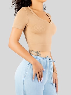 Foto 5 | Playera Mujer Casual Crop Top Stretch Bl-1031 Cafe Claro Cómoda Blusa Corta