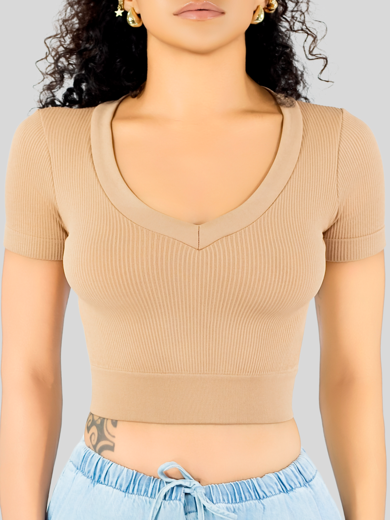 Foto 7 pulgar | Playera Mujer Casual Crop Top Stretch Bl-1031 Cafe Claro Cómoda Blusa Corta