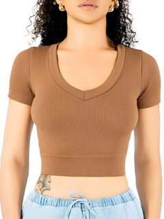 Foto 1 | Playera Mujer Casual Crop Top Stretch Bl-1031 Cafe Oscuro Cómoda Blusa Corta