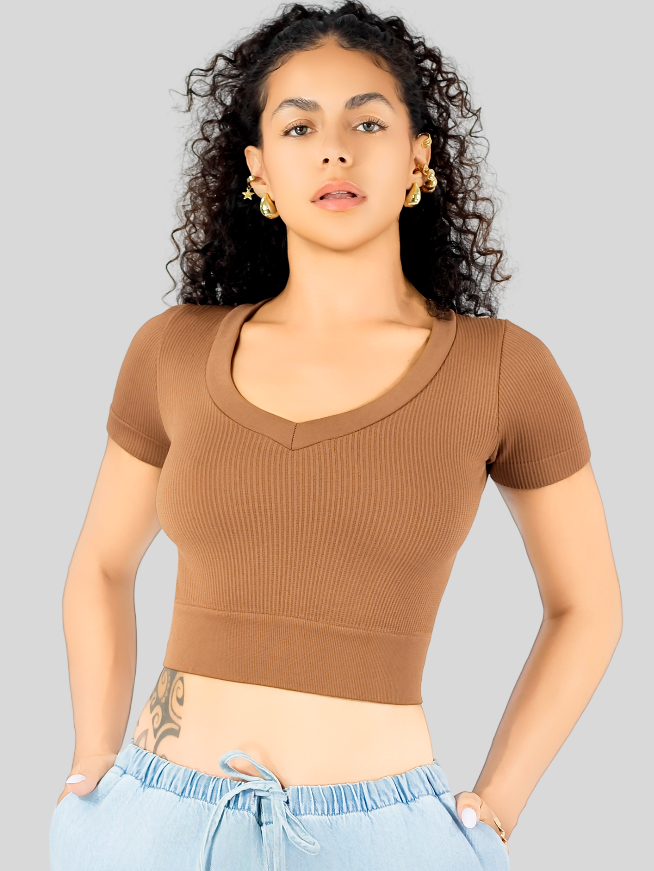 Foto 5 pulgar | Playera Mujer Casual Crop Top Stretch Bl-1031 Cafe Oscuro Cómoda Blusa Corta
