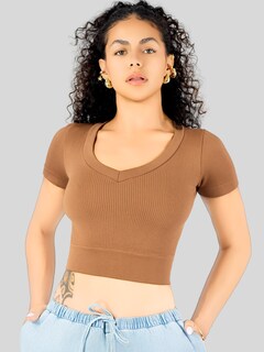 Foto 4 | Playera Mujer Casual Crop Top Stretch Bl-1031 Cafe Oscuro Cómoda Blusa Corta