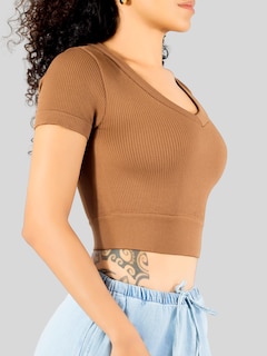 Foto 5 | Playera Mujer Casual Crop Top Stretch Bl-1031 Cafe Oscuro Cómoda Blusa Corta