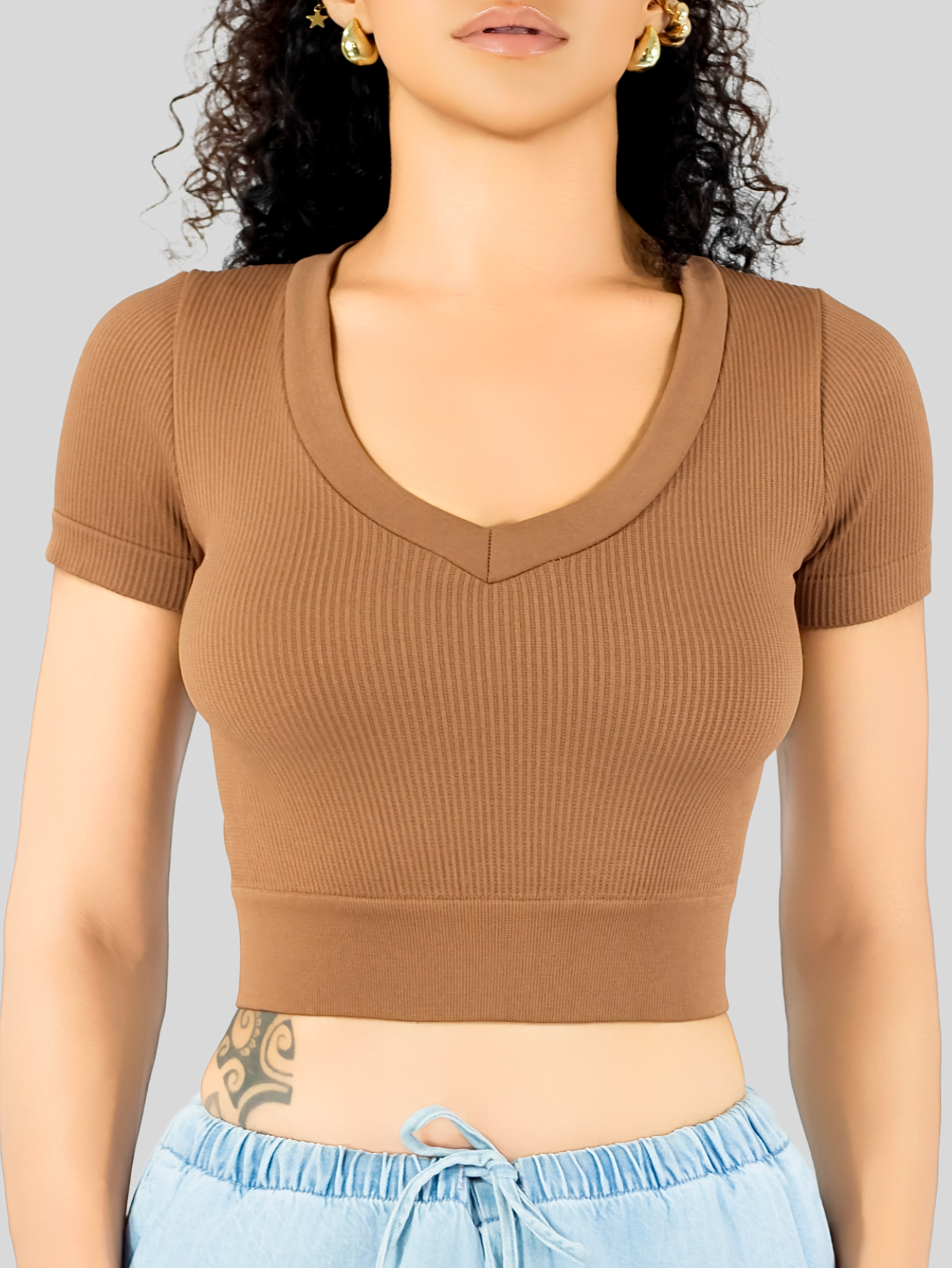 Foto 7 pulgar | Playera Mujer Casual Crop Top Stretch Bl-1031 Cafe Oscuro Cómoda Blusa Corta