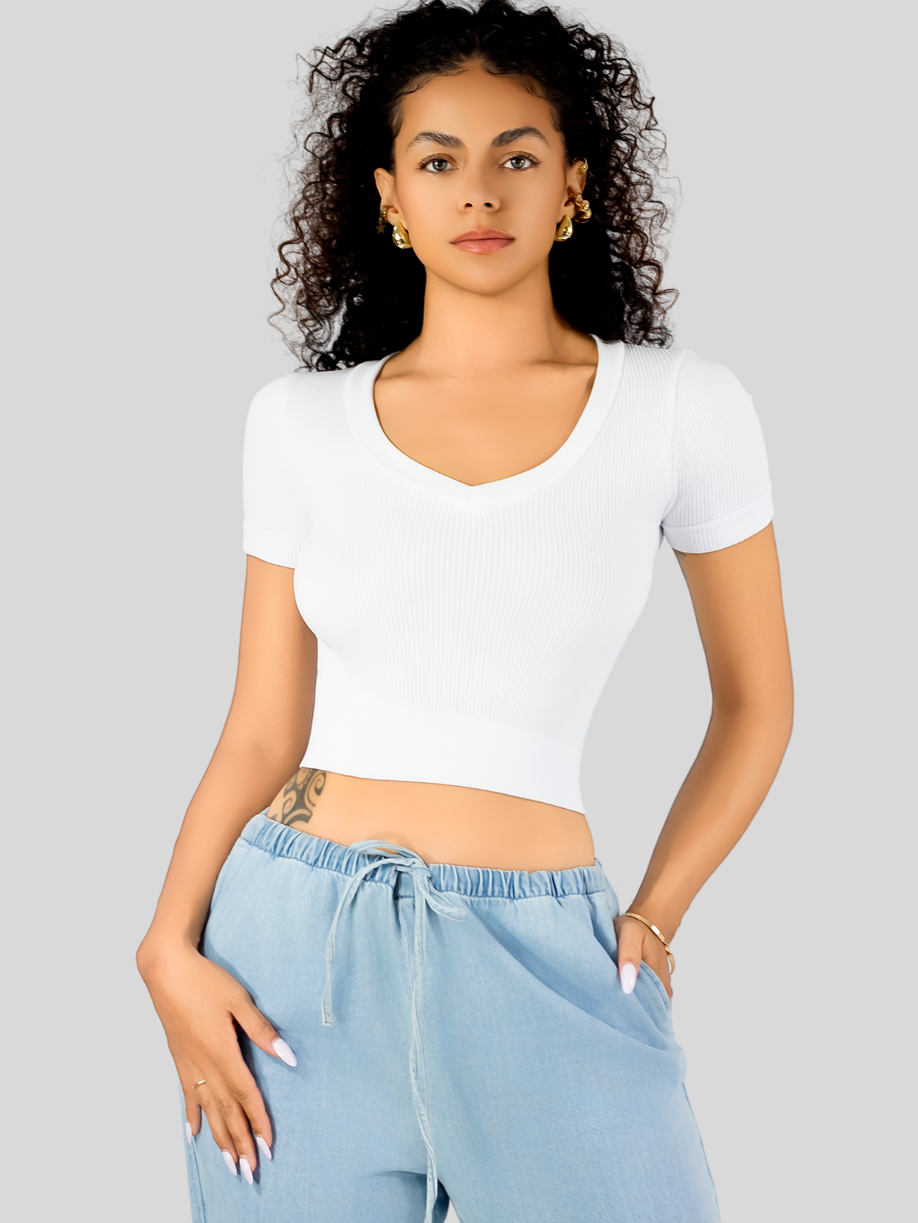 Foto 4 | Playera Mujer Casual Crop Top Stretch Bl-1031 Blanco Cómoda Blusa Corta