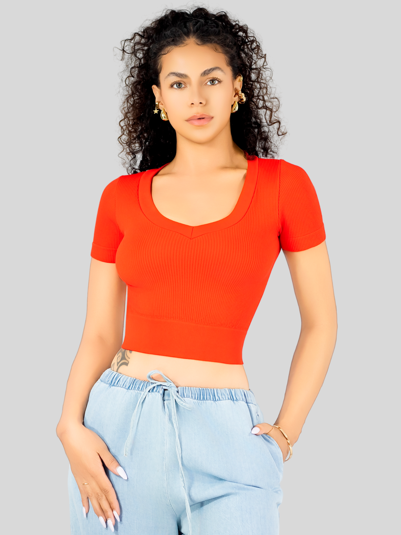 Foto 5 pulgar | Playera Mujer Casual Crop Top Stretch Bl-1031 Rojo Cómoda Blusa Corta