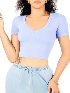 Foto 1 | Playera Mujer Casual Crop Top Stretch Bl-1031 Azul Claro Cómoda Blusa Corta