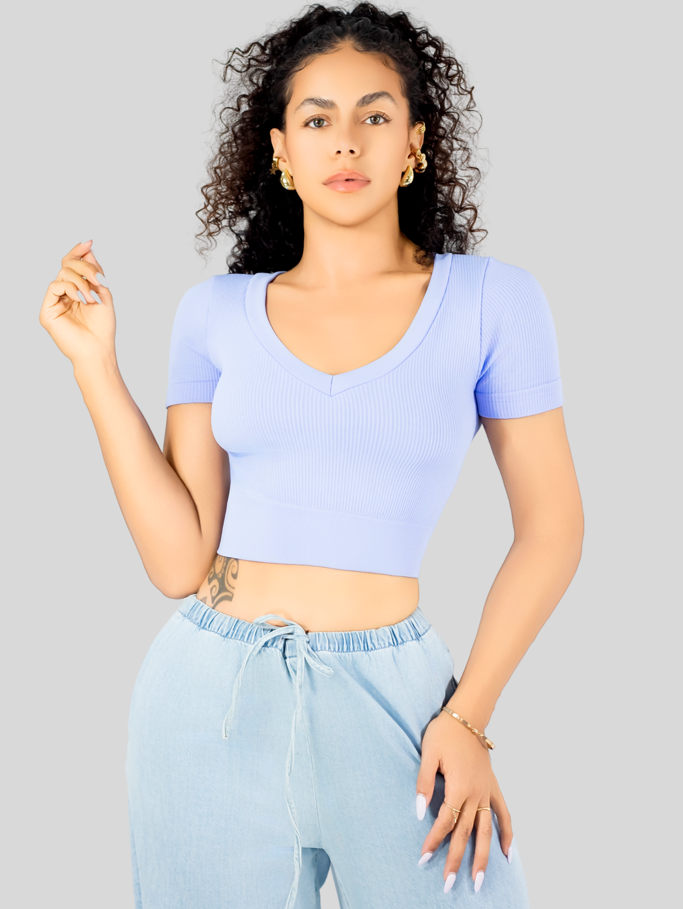 Foto 5 pulgar | Playera Mujer Casual Crop Top Stretch Bl-1031 Azul Claro Cómoda Blusa Corta