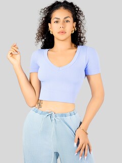 Foto 4 | Playera Mujer Casual Crop Top Stretch Bl-1031 Azul Claro Cómoda Blusa Corta