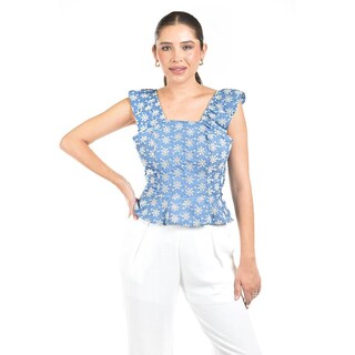 Foto 1 | Blusa Bordada Con Olanes Roman Fashion /juvenil, 3220 (mezclilla Light) Azul