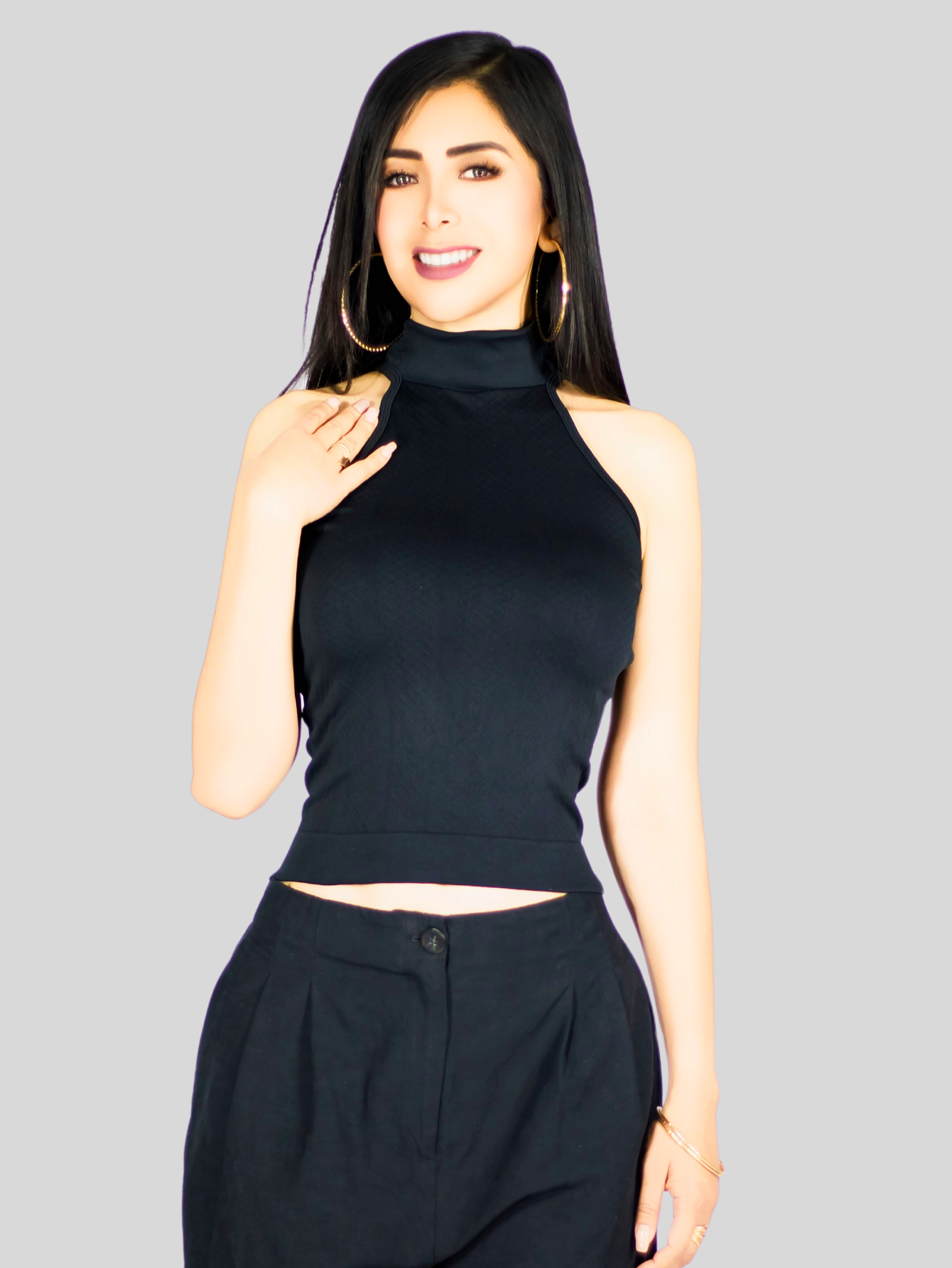 Foto 6 | Blusas Mujer Unitalla Texturizada Casual Bl-1029 Negro Elegante Crop Top