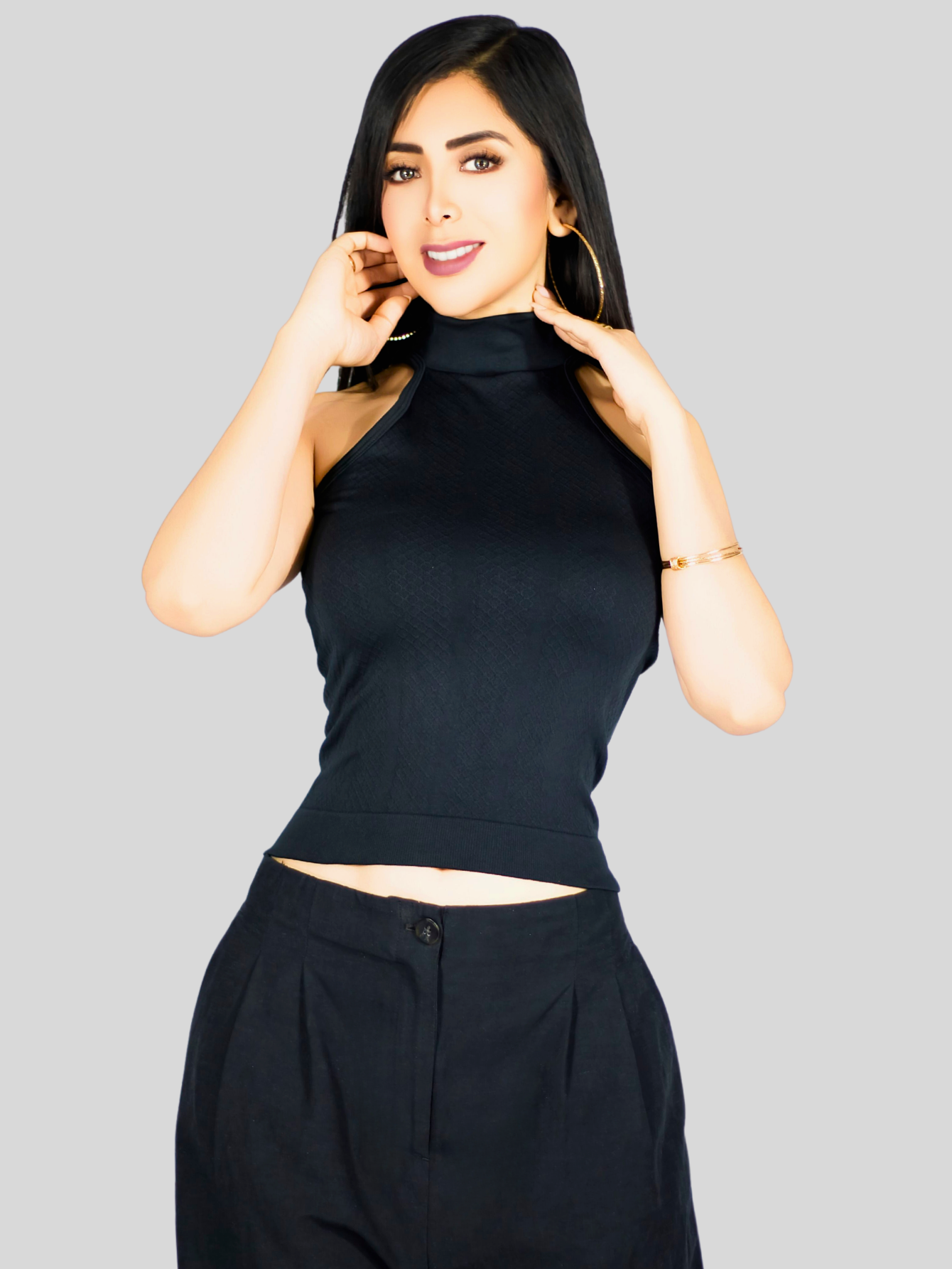Foto 8 pulgar | Blusas Mujer Unitalla Texturizada Casual Bl-1029 Negro Elegante Crop Top
