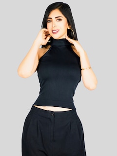 Foto 7 | Blusas Mujer Unitalla Texturizada Casual Bl-1029 Negro Elegante Crop Top