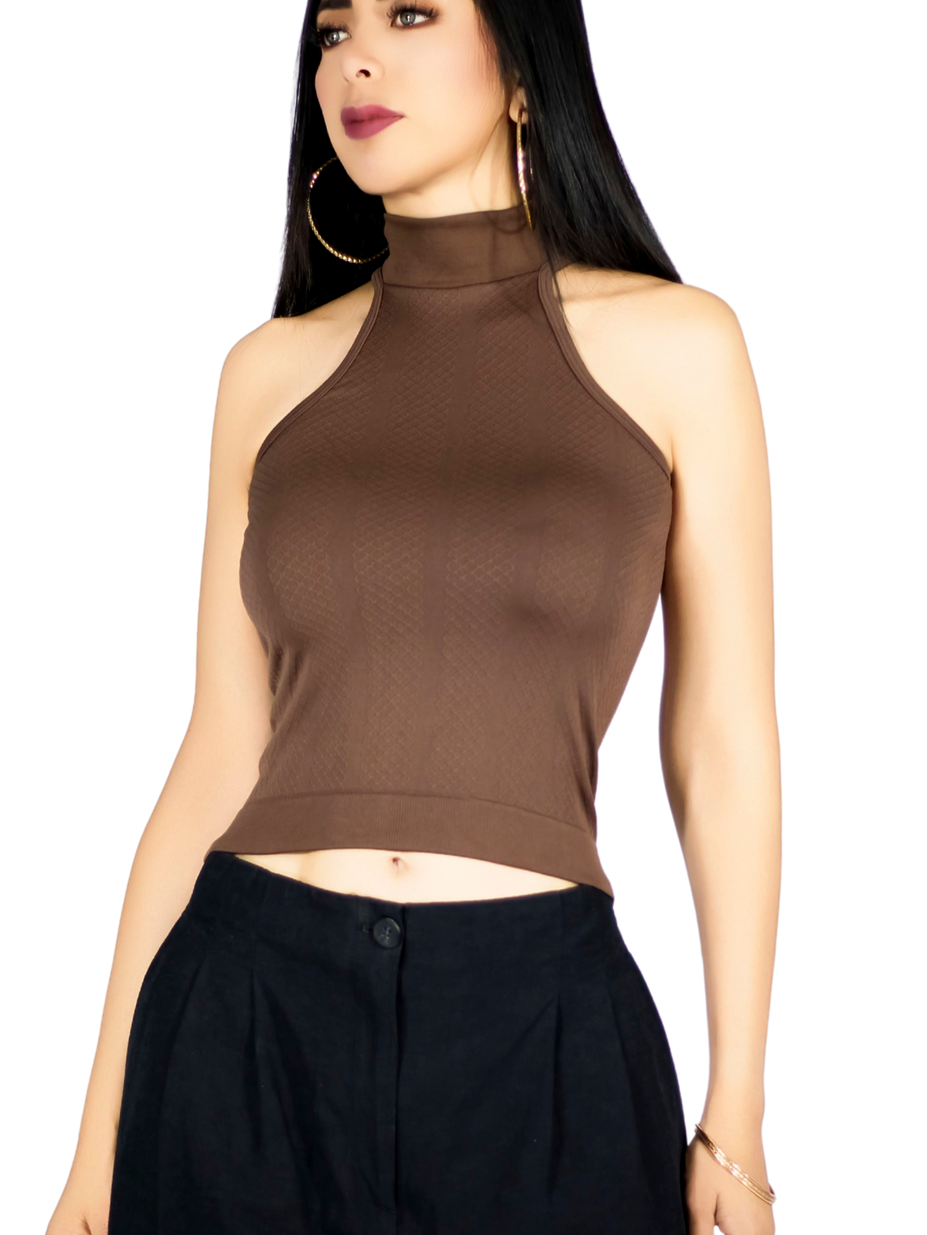 Foto 2 pulgar | Blusas Mujer Unitalla Texturizada Casual Bl-1029 Cafe Elegante Crop Top