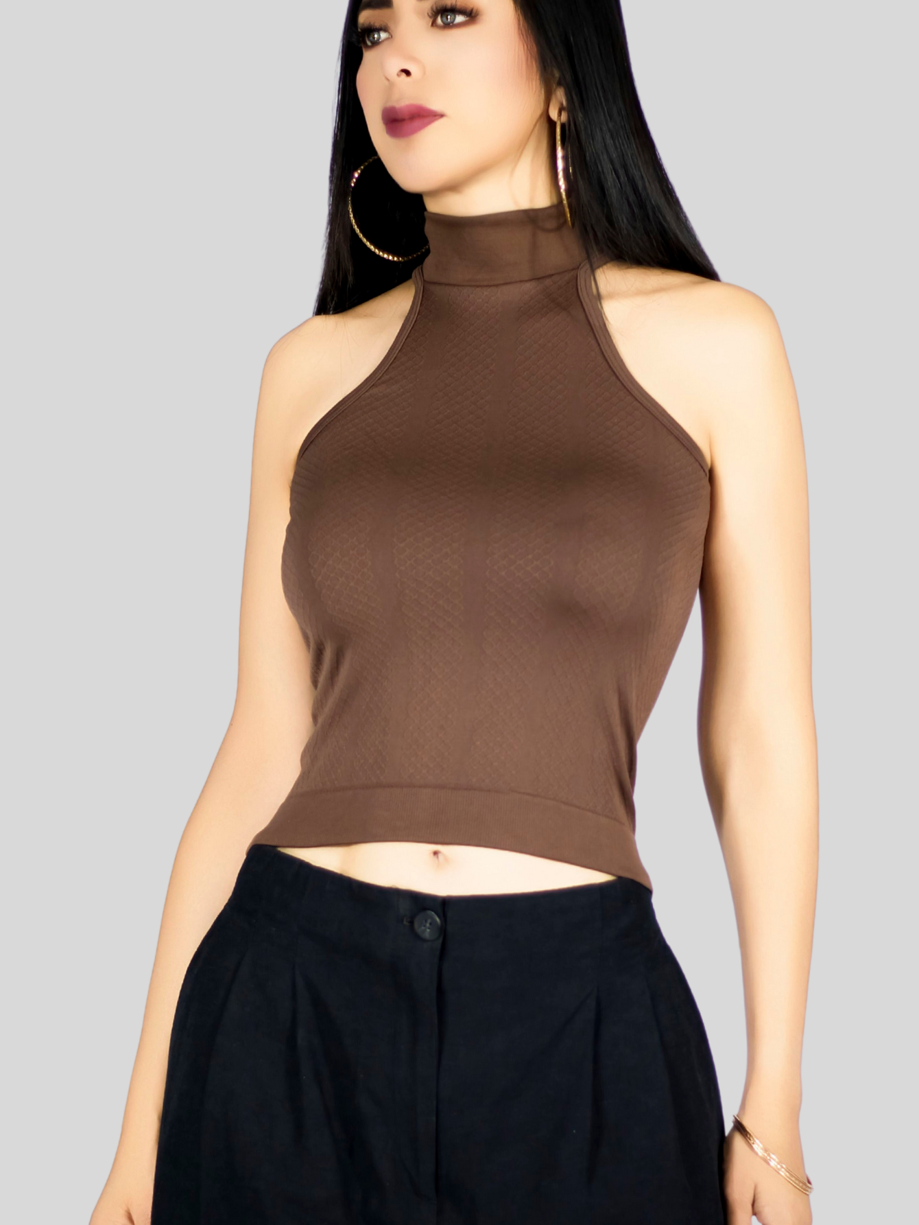 Foto 6 | Blusas Mujer Unitalla Texturizada Casual Bl-1029 Cafe Elegante Crop Top