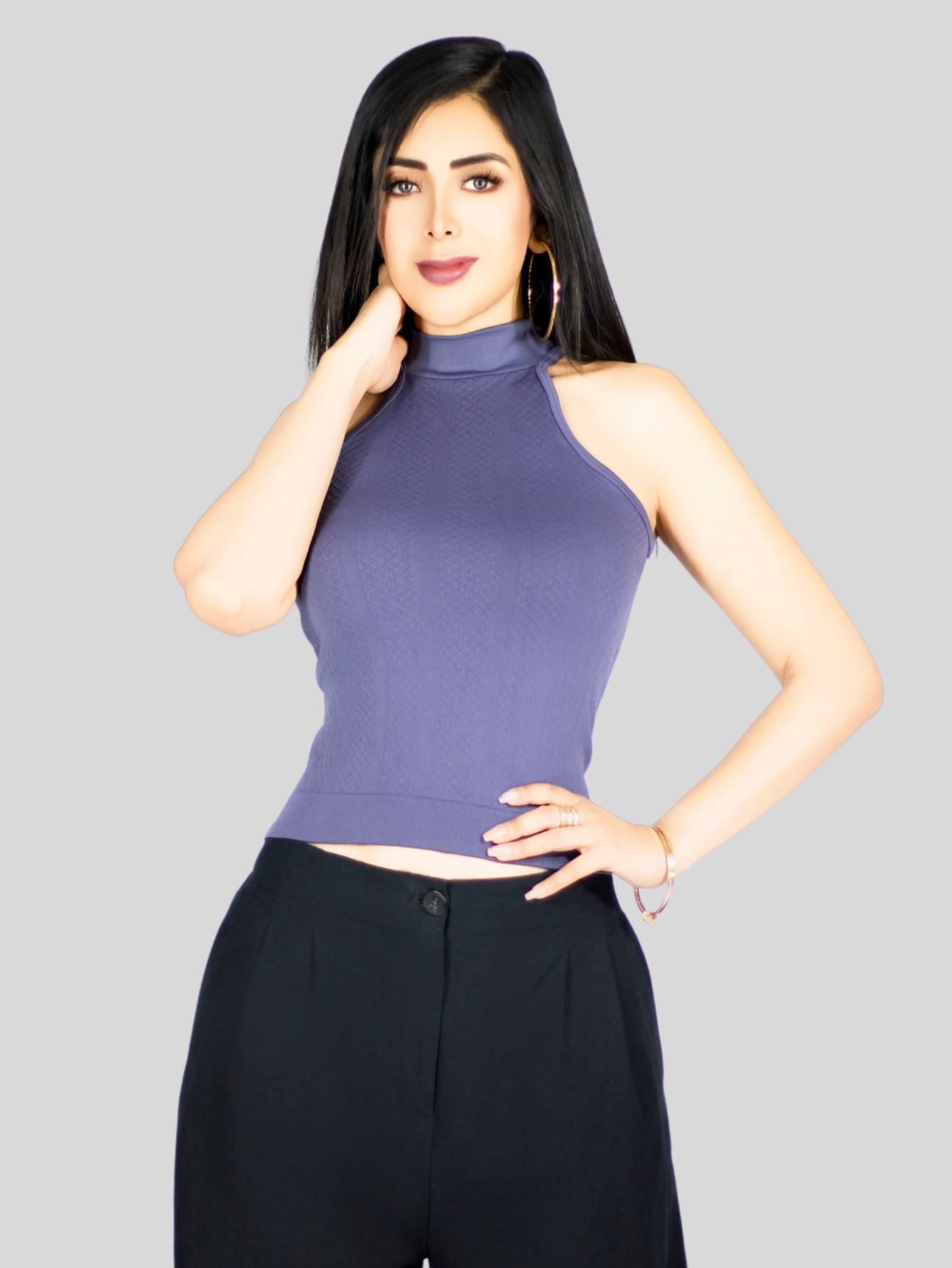Foto 7 pulgar | Blusas Mujer Unitalla Texturizada Casual Bl-1029 Gris Elegante Crop Top