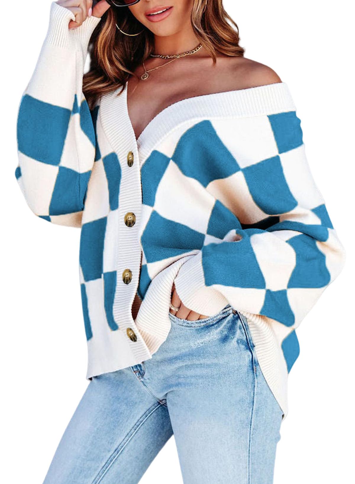 Jersey Tipo Cárdigan Dokotoo Con Cuello En V Y Botones, Manga Larga, Azul M - Venta Internacional.