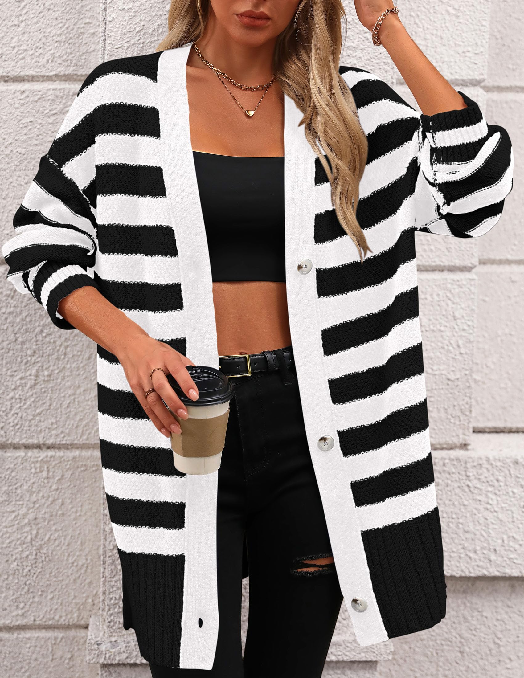 Foto 7 | Jersey Tipo Cárdigan Prettygarden De Algodón Blanco Y Negro Para Mujer - Venta Internacional.