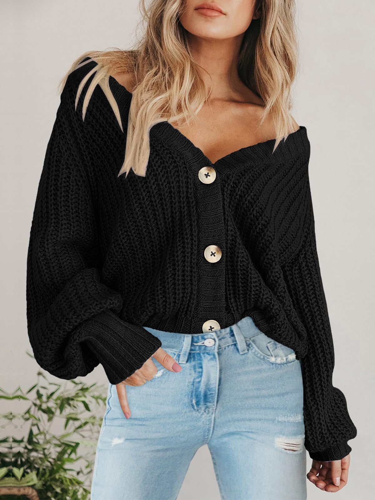 Foto 6 | Jersey Tipo Cárdigan Prettygarden Para Mujer Con Cuello En V Y Botones, Color Negro - Venta Internacional.