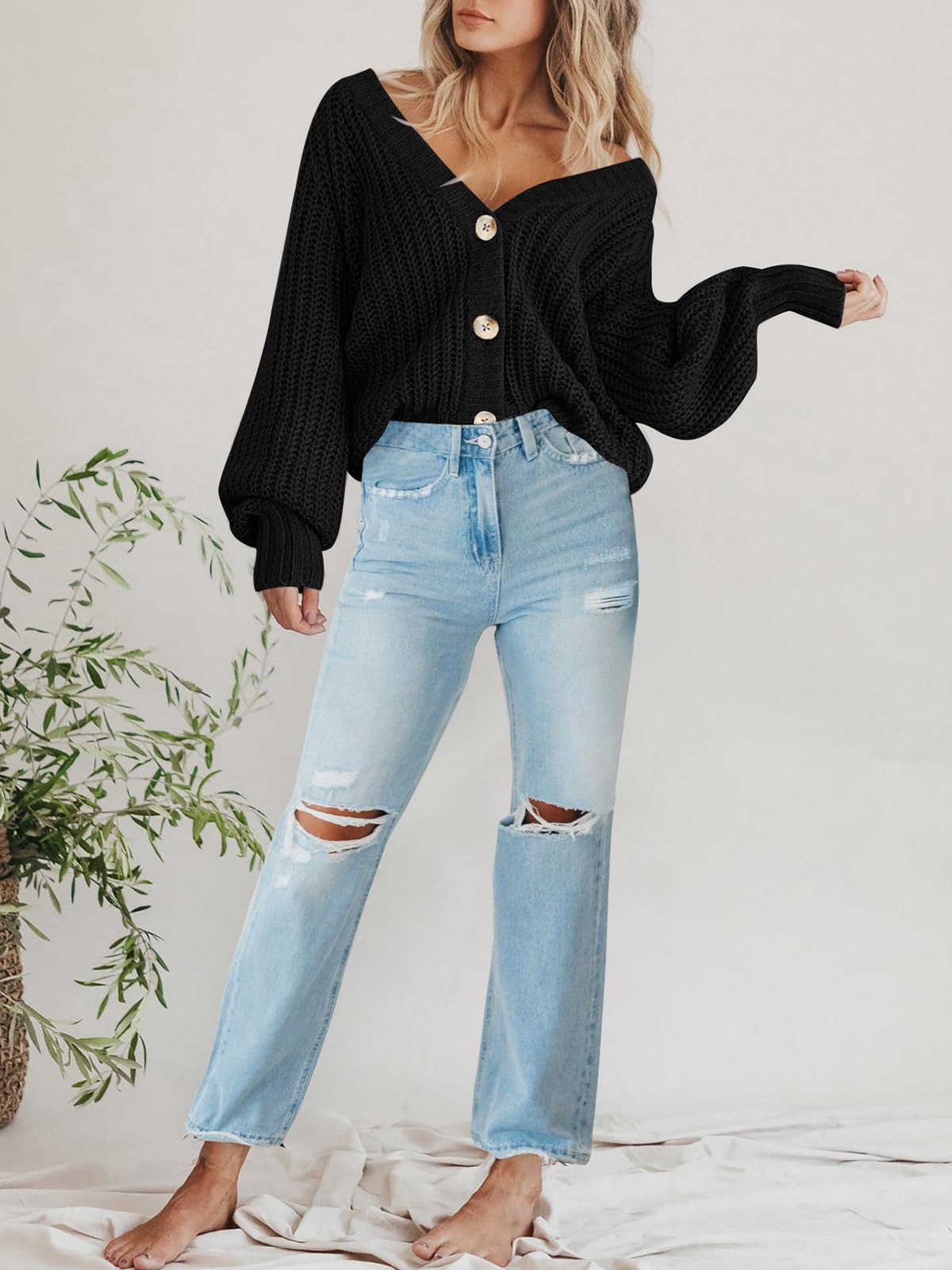 Foto 7 | Jersey Tipo Cárdigan Prettygarden Para Mujer Con Cuello En V Y Botones, Color Negro - Venta Internacional.