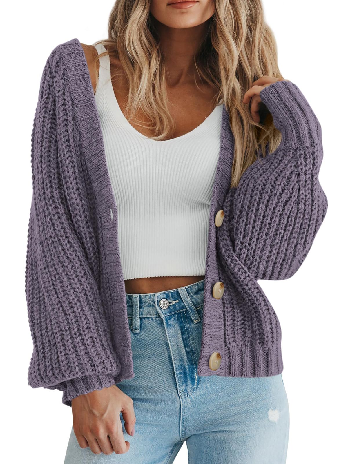 Jersey Tipo Cárdigan Prettygarden Para Mujer, De Punto Grueso, Gris Y Morado - Venta Internacional.