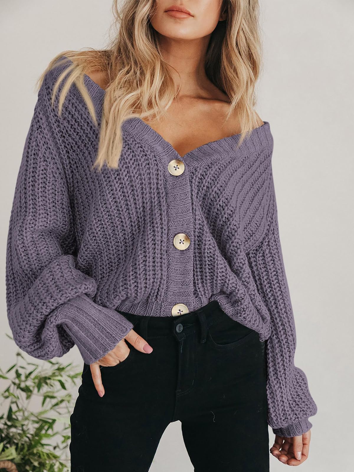 Foto 7 | Jersey Tipo Cárdigan Prettygarden Para Mujer, De Punto Grueso, Gris Y Morado - Venta Internacional.