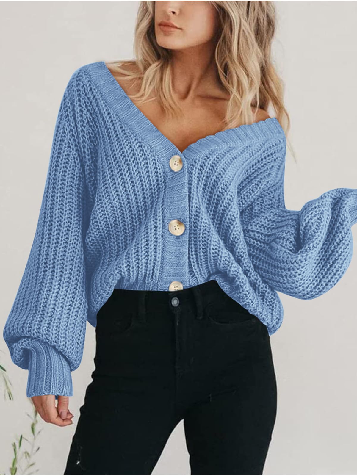 Foto 7 | Jersey Tipo Cárdigan Prettygarden De Manga Larga Con Botones Para Mujer, Azul - Venta Internacional.