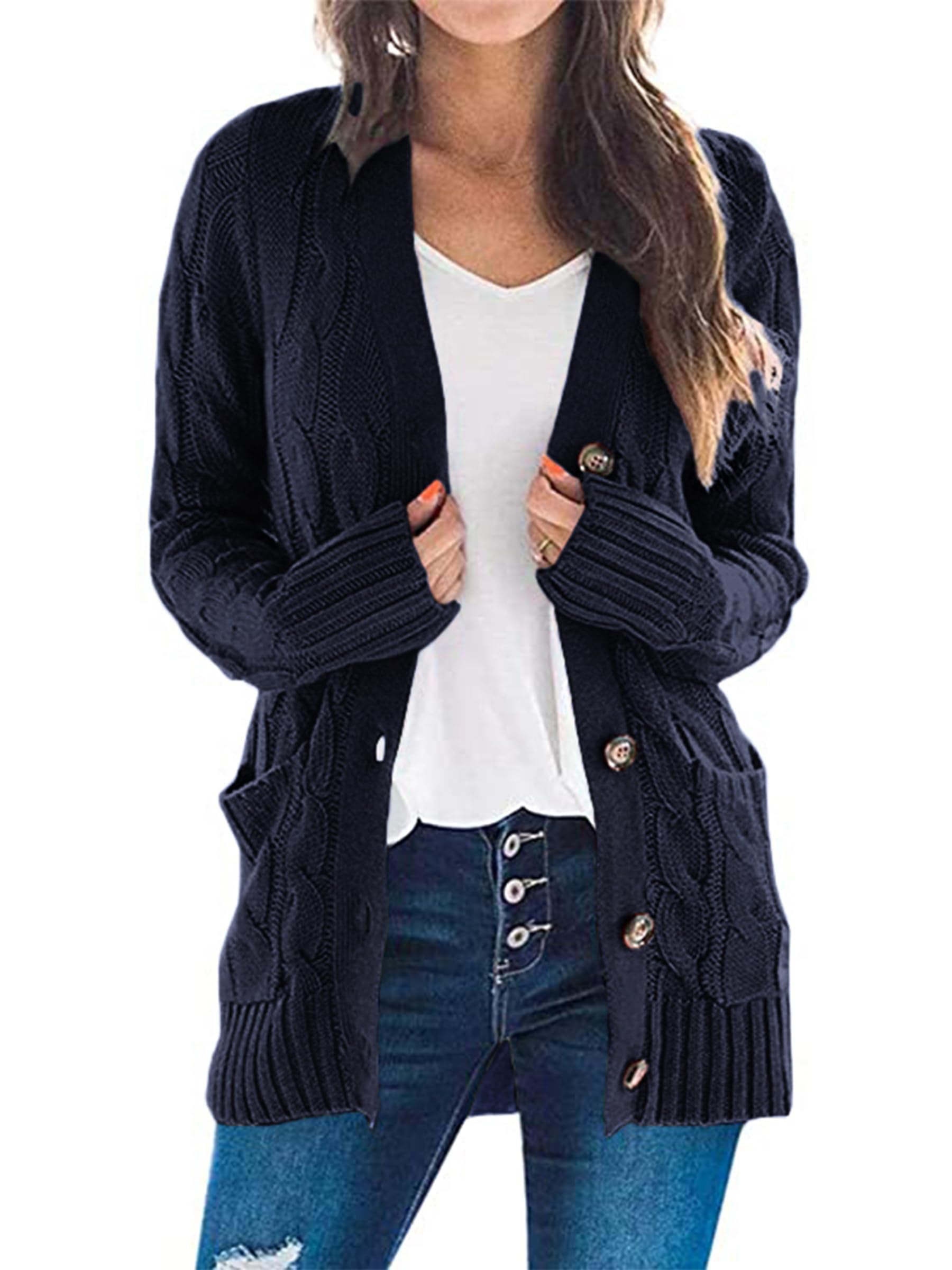 Jersey Tipo Cárdigan Prettygarden Para Mujer, Tejido Trenzado, Color Azul Marino, Talla S - Venta Internacional.