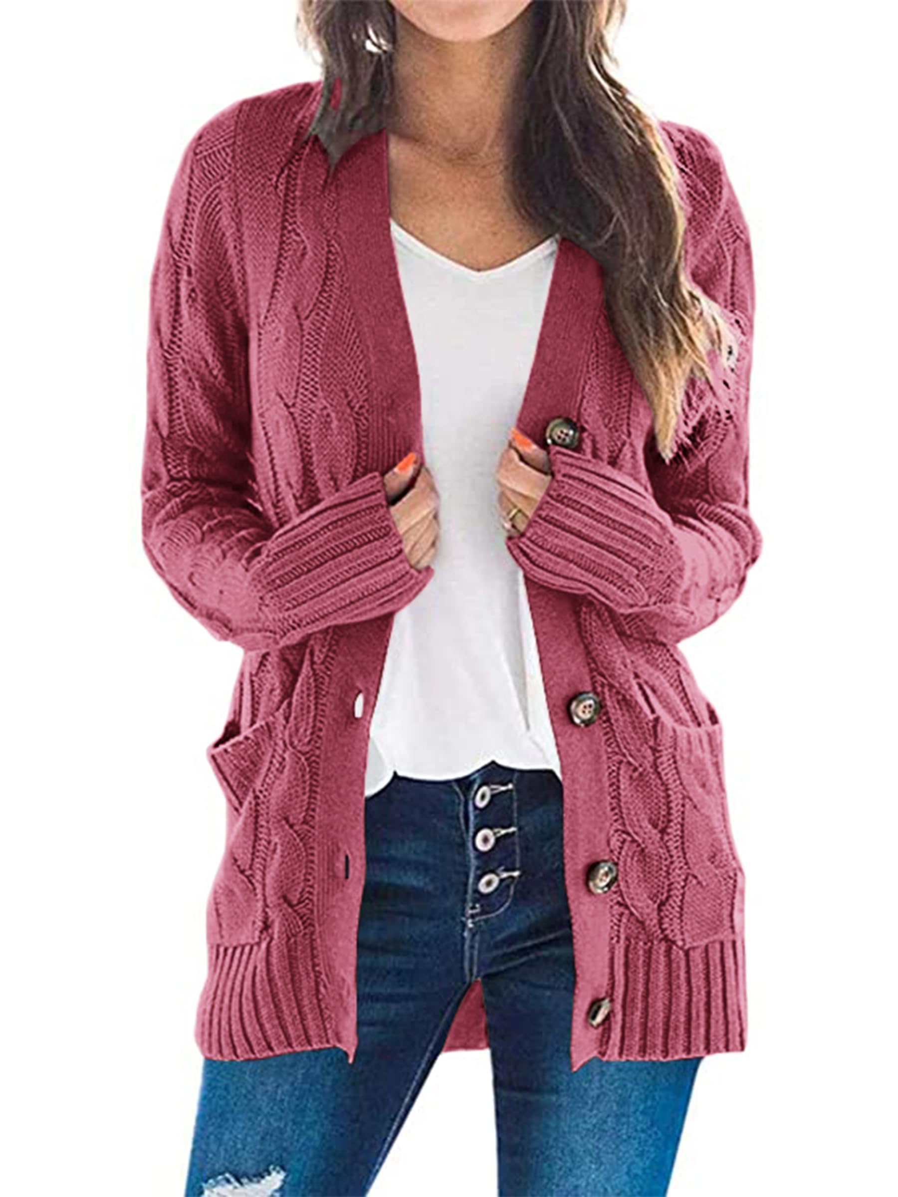 Jersey Tipo Cárdigan Prettygarden Para Mujer, Tejido Trenzado, Color Bermellón S - Venta Internacional.