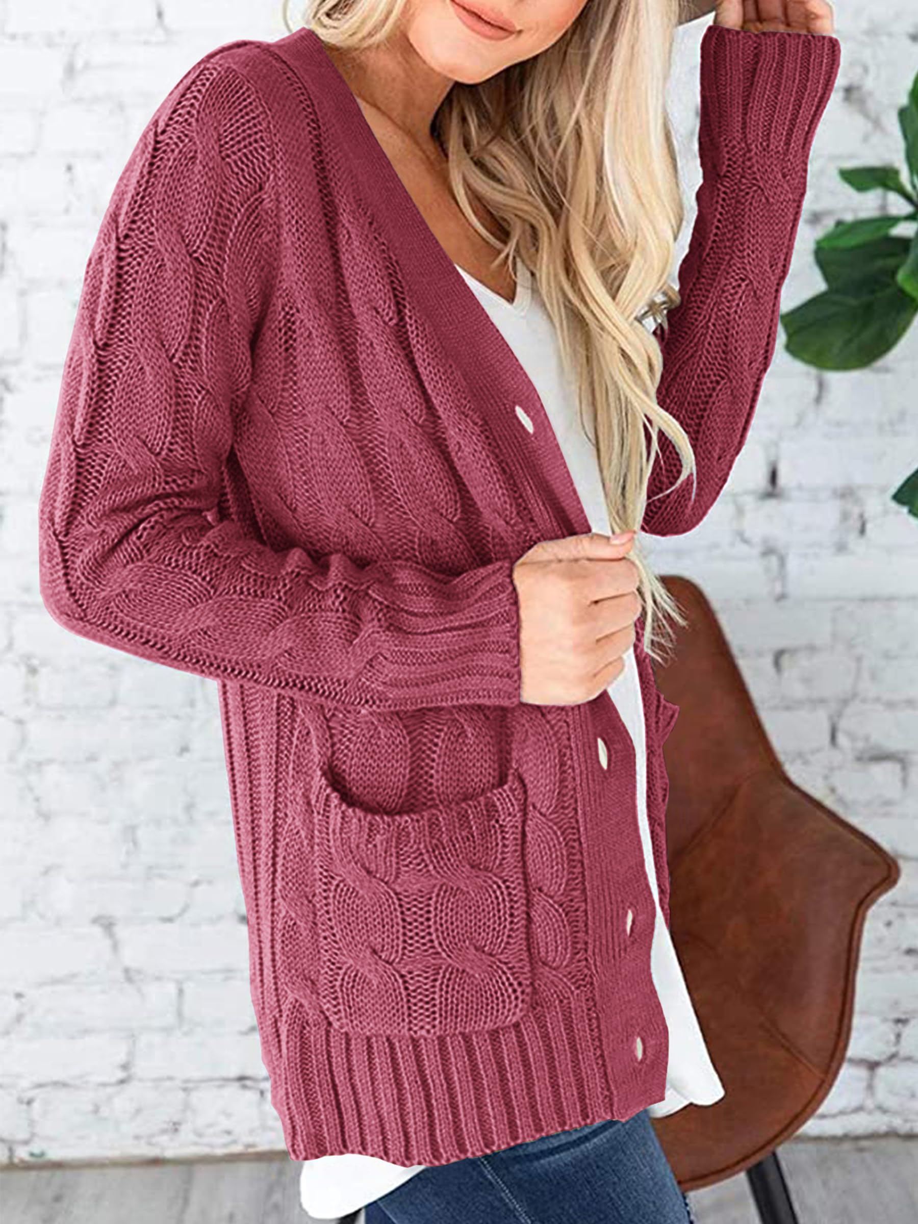 Foto 2 | Jersey Tipo Cárdigan Prettygarden Para Mujer, Tejido Trenzado, Color Bermellón S - Venta Internacional.