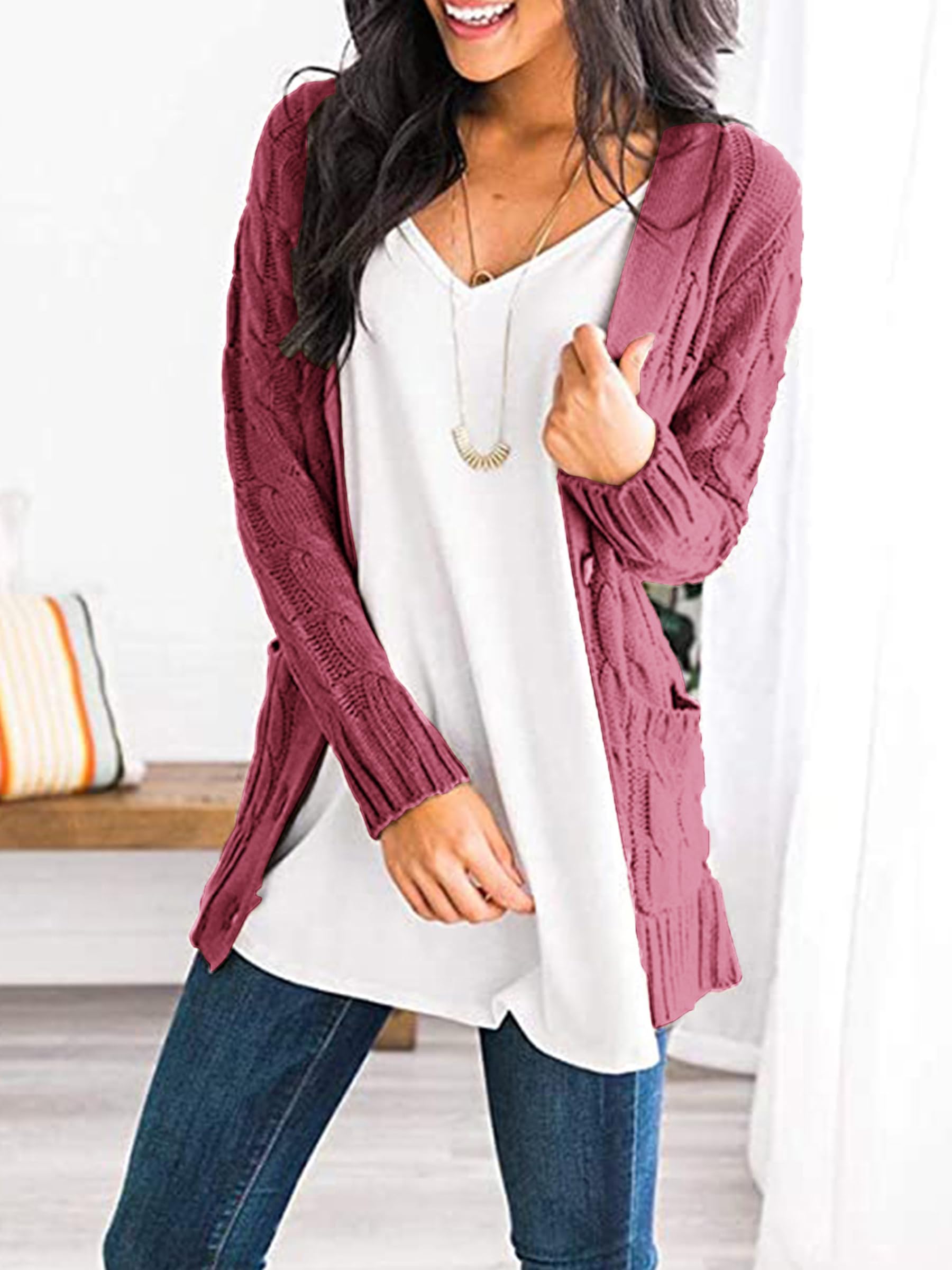 Foto 6 pulgar | Jersey Tipo Cárdigan Prettygarden Para Mujer, Tejido Trenzado, Color Bermellón S - Venta Internacional.