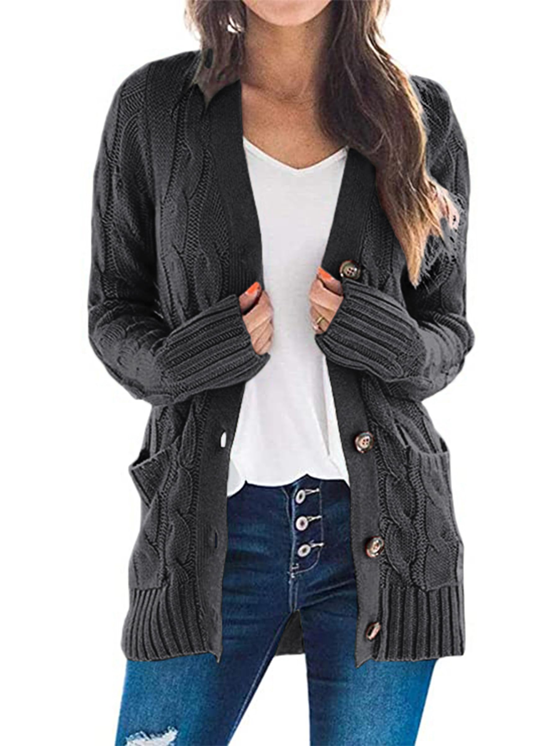 Foto 2 pulgar | Jersey Tipo Cárdigan Prettygarden Para Mujer, Tejido Trenzado, Gris Oscuro, Xl - Venta Internacional.