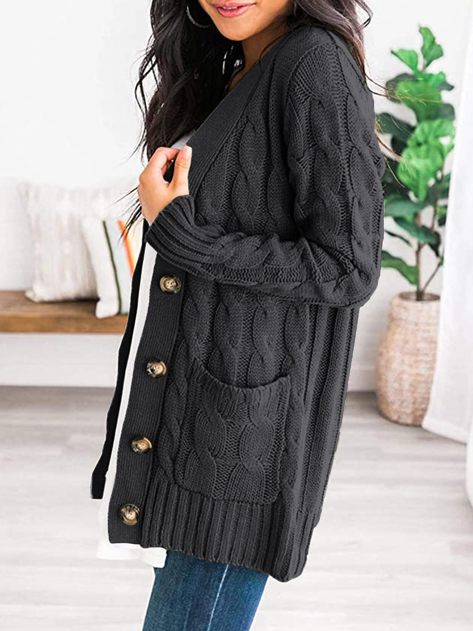 Foto 2 | Jersey Tipo Cárdigan Prettygarden Para Mujer, Tejido Trenzado, Gris Oscuro, Xl - Venta Internacional.