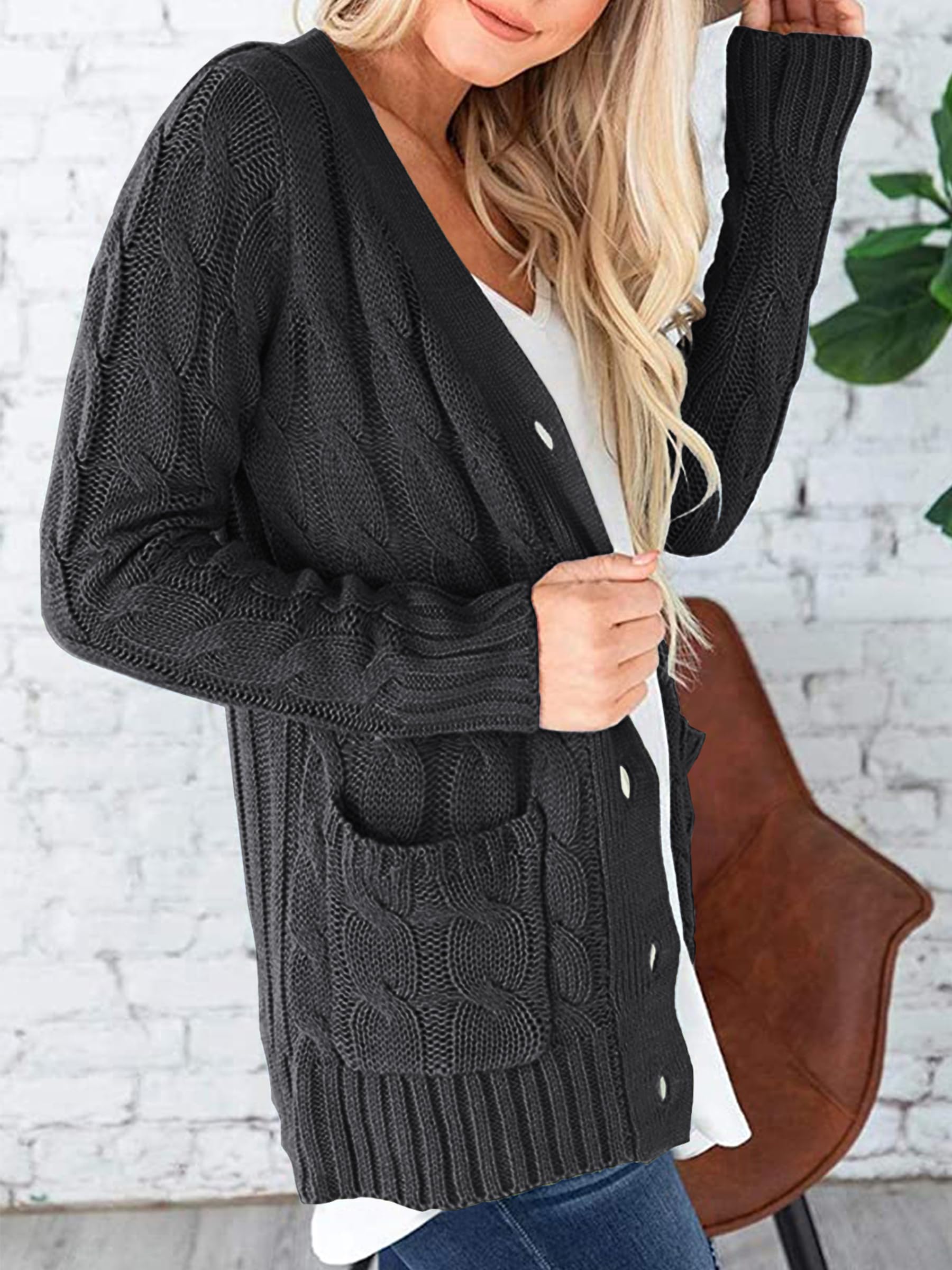 Foto 4 pulgar | Jersey Tipo Cárdigan Prettygarden Para Mujer, Tejido Trenzado, Gris Oscuro, Xl - Venta Internacional.