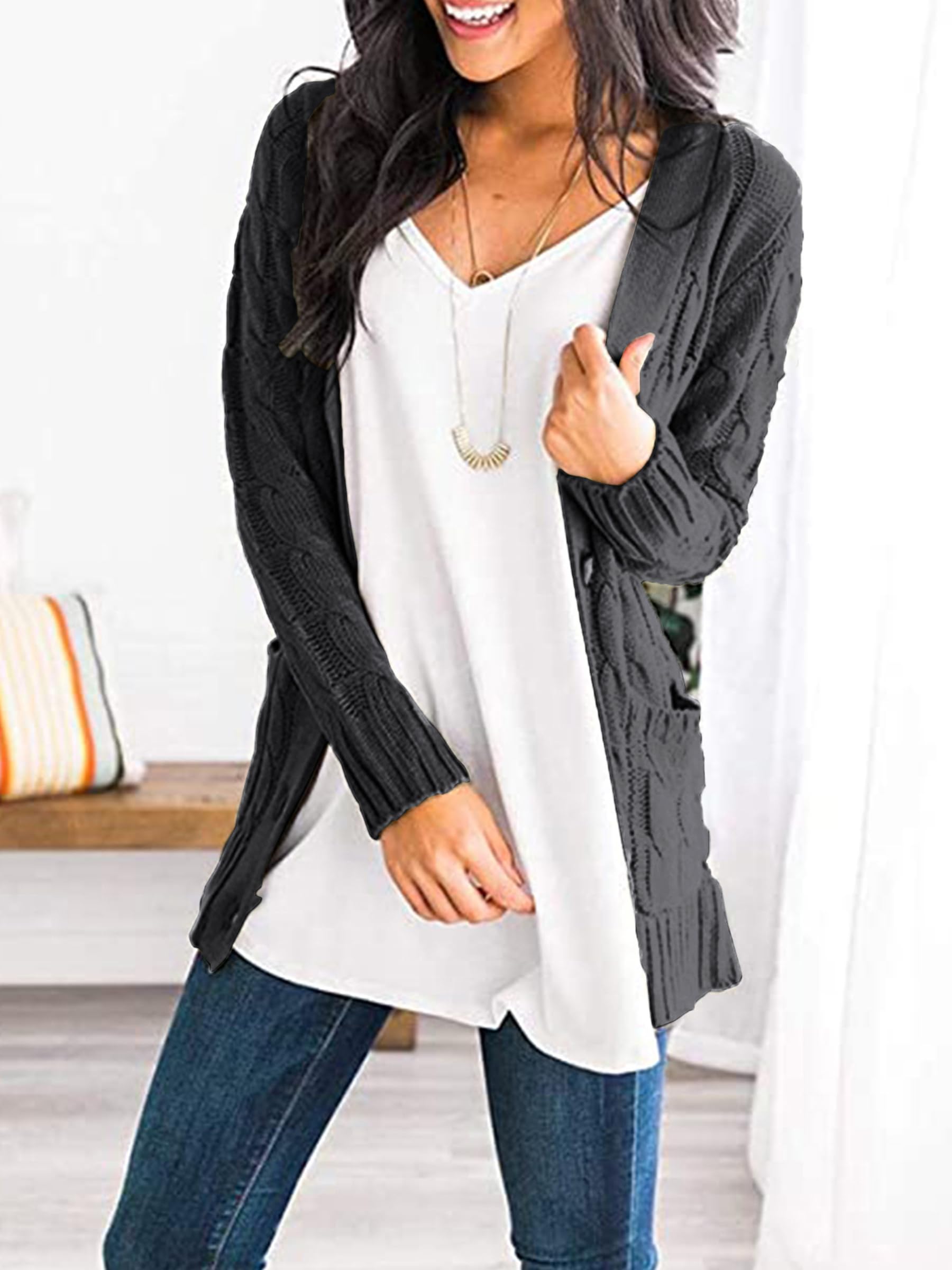 Foto 6 pulgar | Jersey Tipo Cárdigan Prettygarden Para Mujer, Tejido Trenzado, Gris Oscuro, Xl - Venta Internacional.