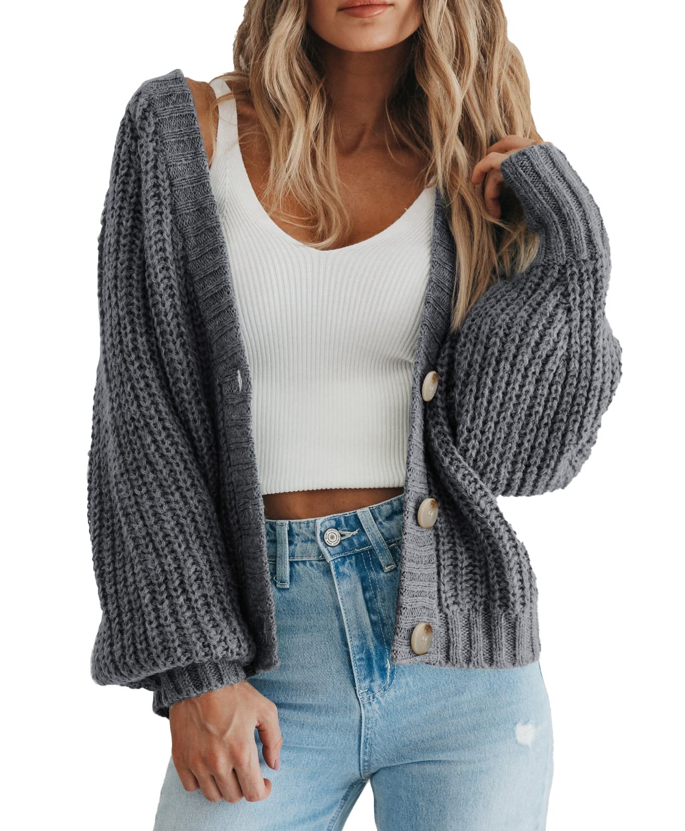 Foto 2 pulgar | Jersey Tipo Cárdigan Prettygarden Para Mujer, Cuello En V, Con Botones, Gris, Talla M - Venta Internacional.