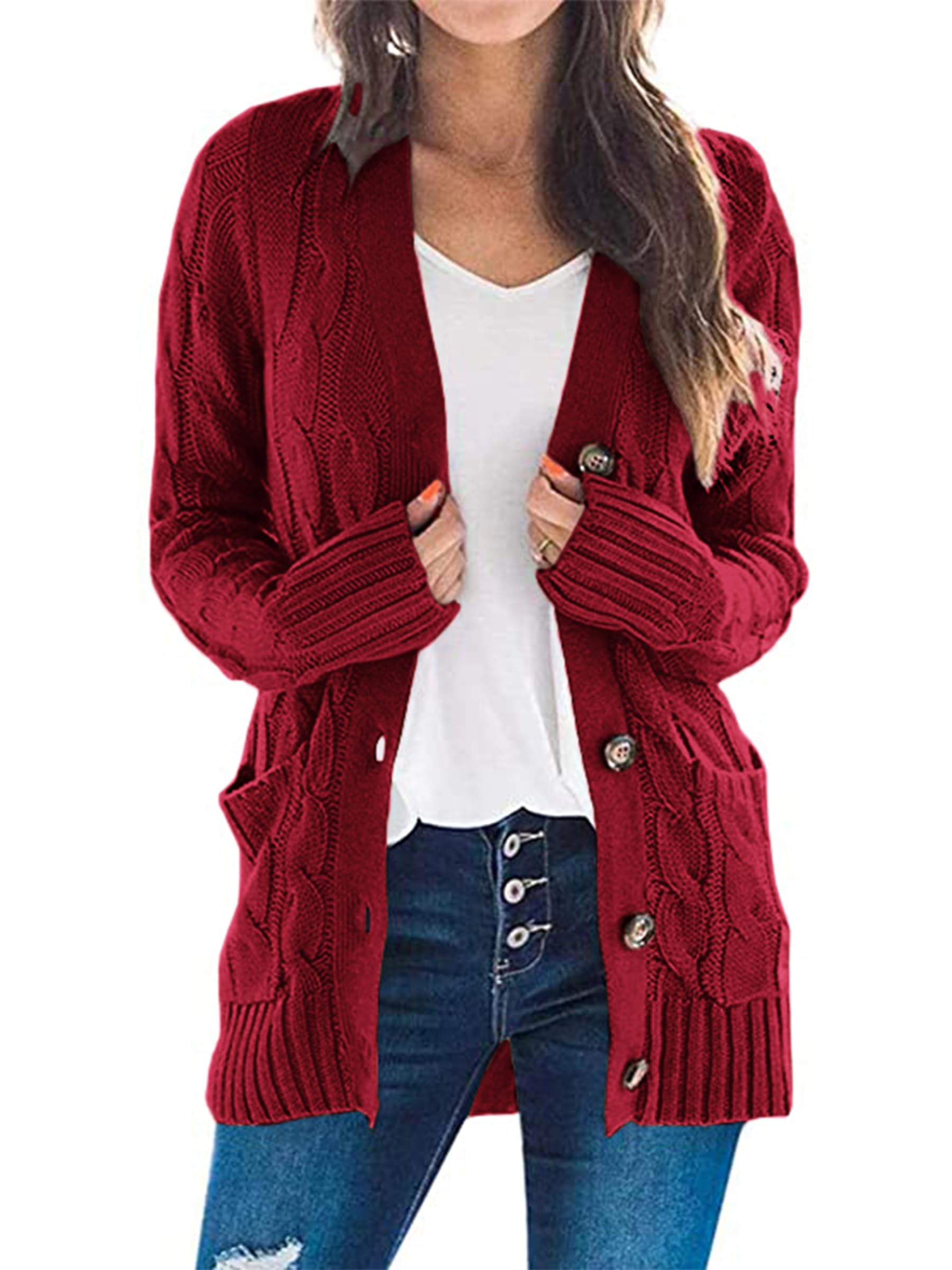 Jersey Tipo Cárdigan Prettygarden De Punto Trenzado Rojo Vino Para Mujer - Venta Internacional.