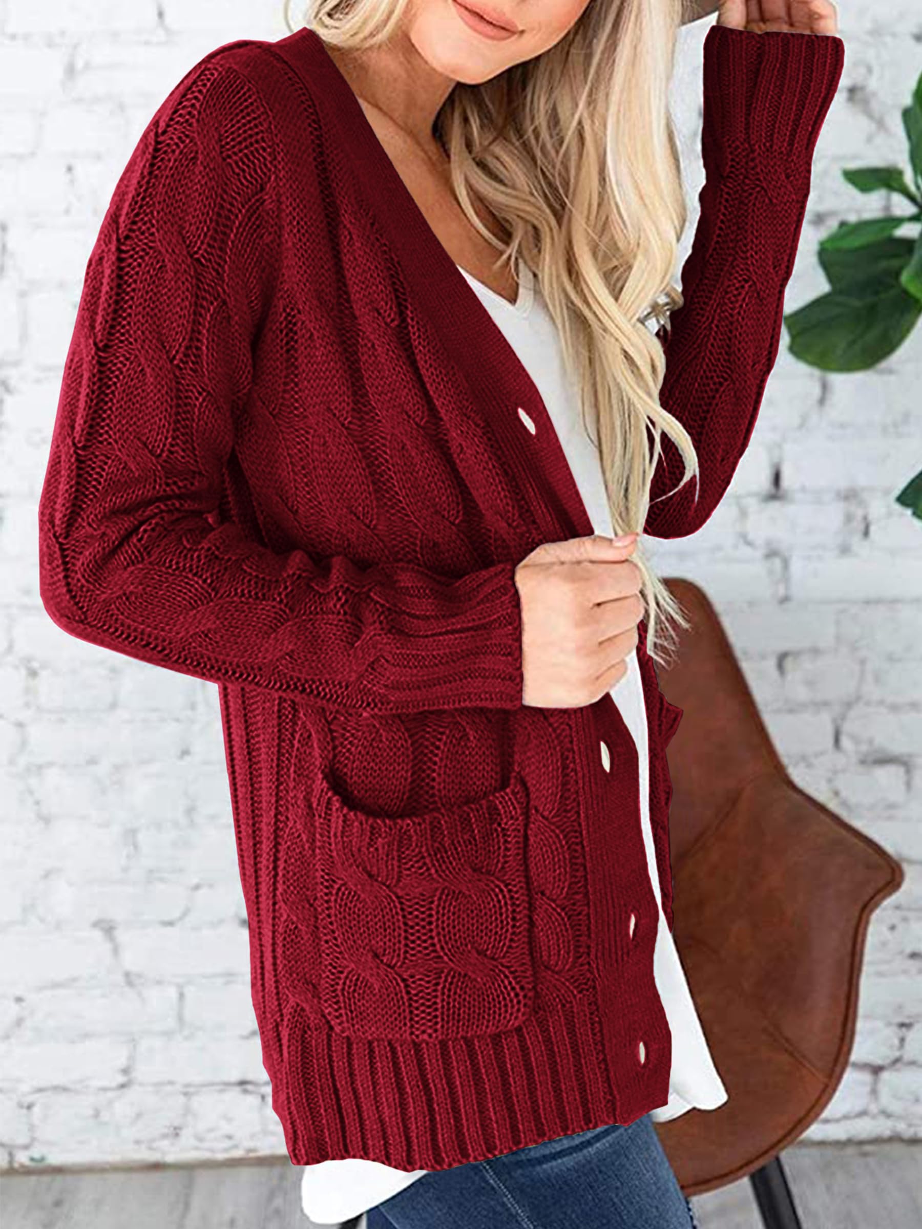 Foto 2 | Jersey Tipo Cárdigan Prettygarden De Punto Trenzado Rojo Vino Para Mujer - Venta Internacional.