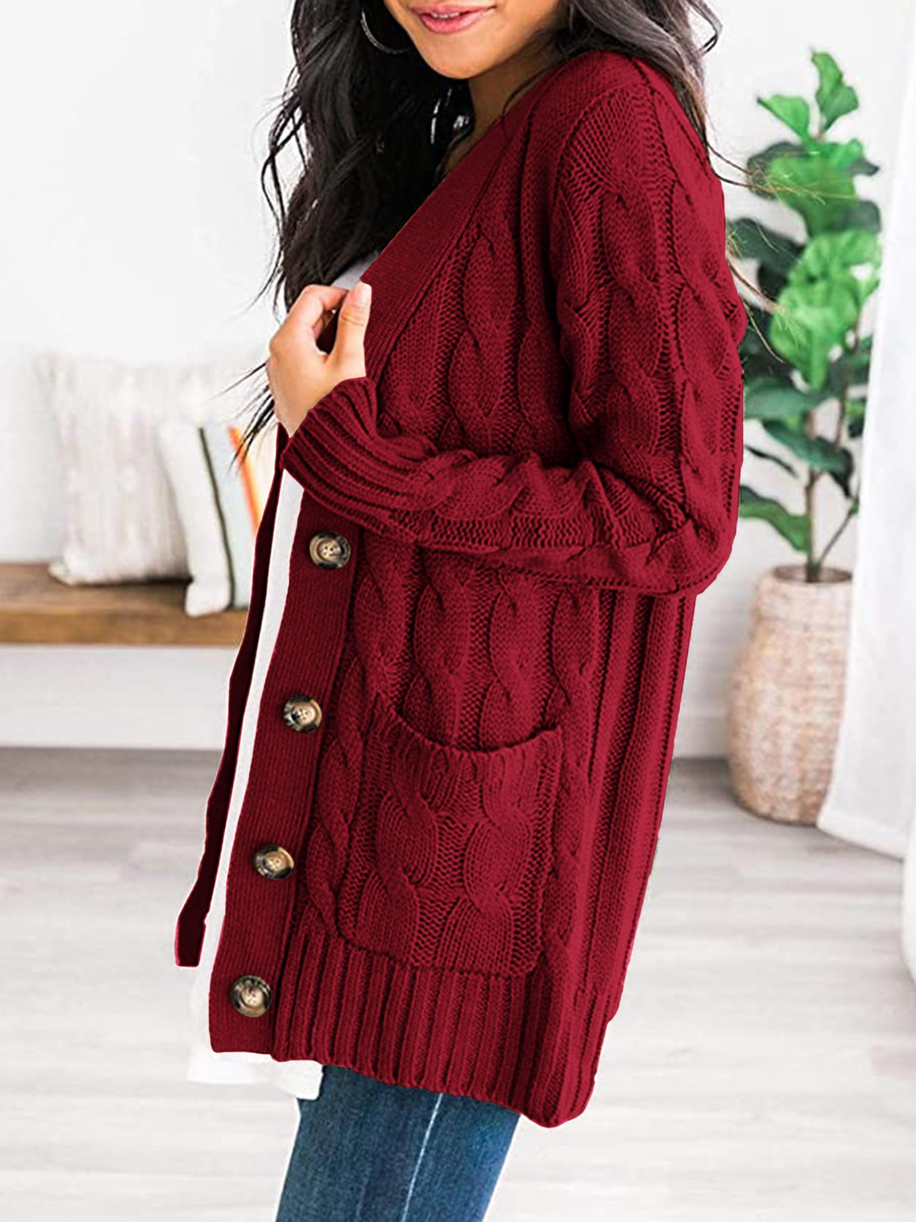 Foto 4 pulgar | Jersey Tipo Cárdigan Prettygarden De Punto Trenzado Rojo Vino Para Mujer - Venta Internacional.