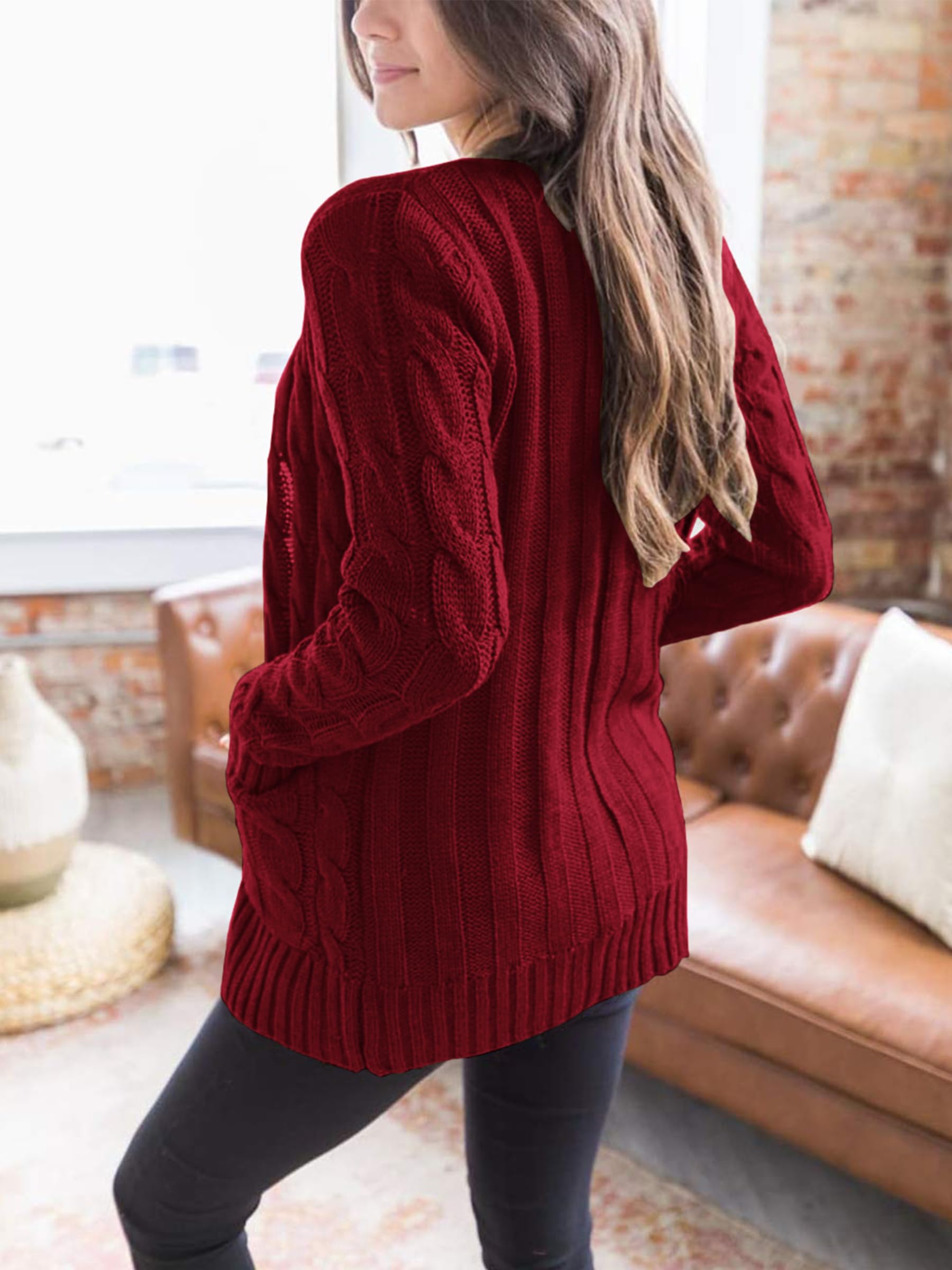 Foto 5 pulgar | Jersey Tipo Cárdigan Prettygarden De Punto Trenzado Rojo Vino Para Mujer - Venta Internacional.
