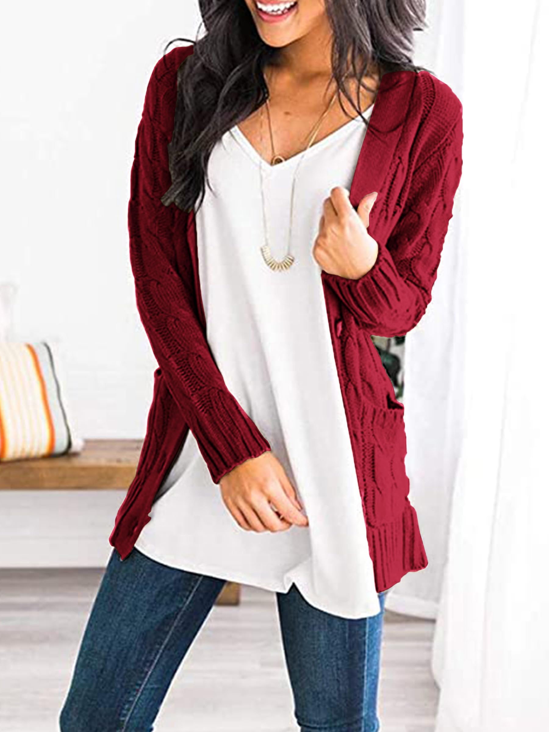 Foto 6 pulgar | Jersey Tipo Cárdigan Prettygarden De Punto Trenzado Rojo Vino Para Mujer - Venta Internacional.
