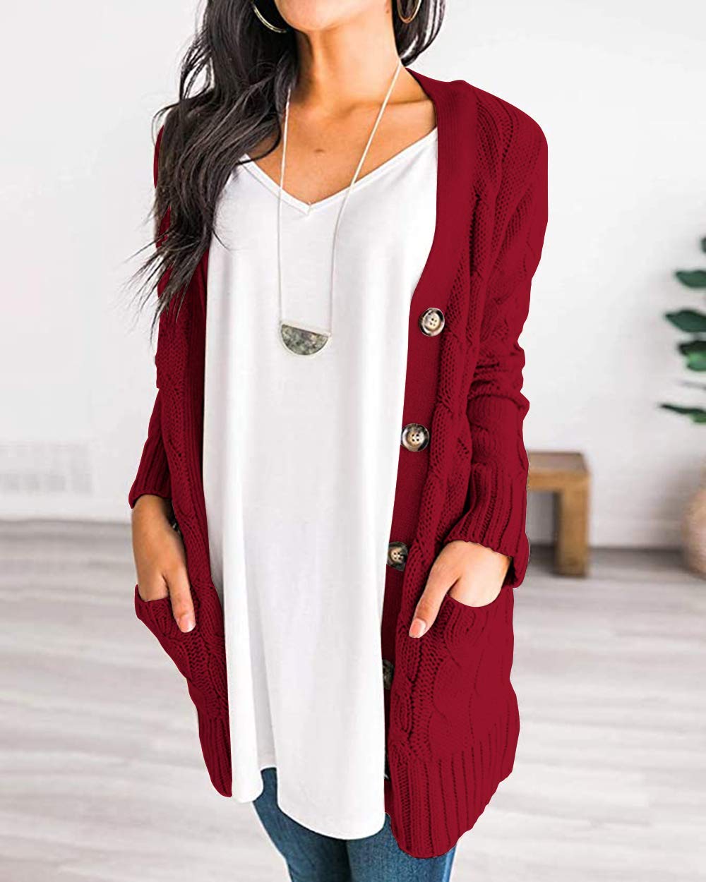 Foto 7 | Jersey Tipo Cárdigan Prettygarden De Punto Trenzado Rojo Vino Para Mujer - Venta Internacional.